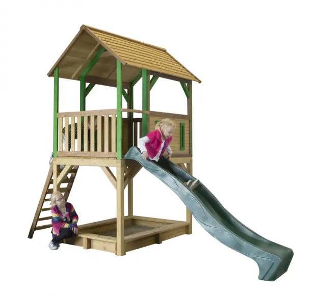 Kinder-Spielturm Holz hohes & offenes Stelzen-Spielhaus Rutsche Sandkiste farbig